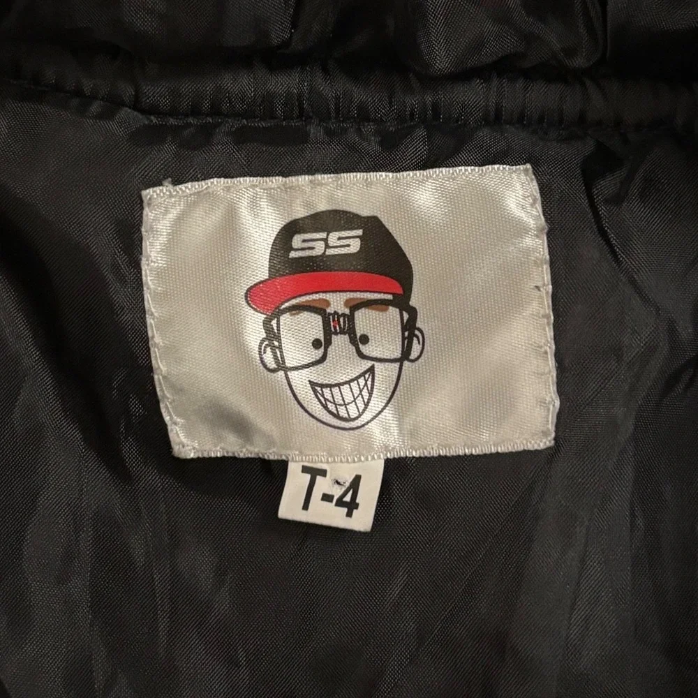 Secret Scientist Doodle Puffer Jacket Kids Black Red Logo Hooded Zip Up Coat -4T